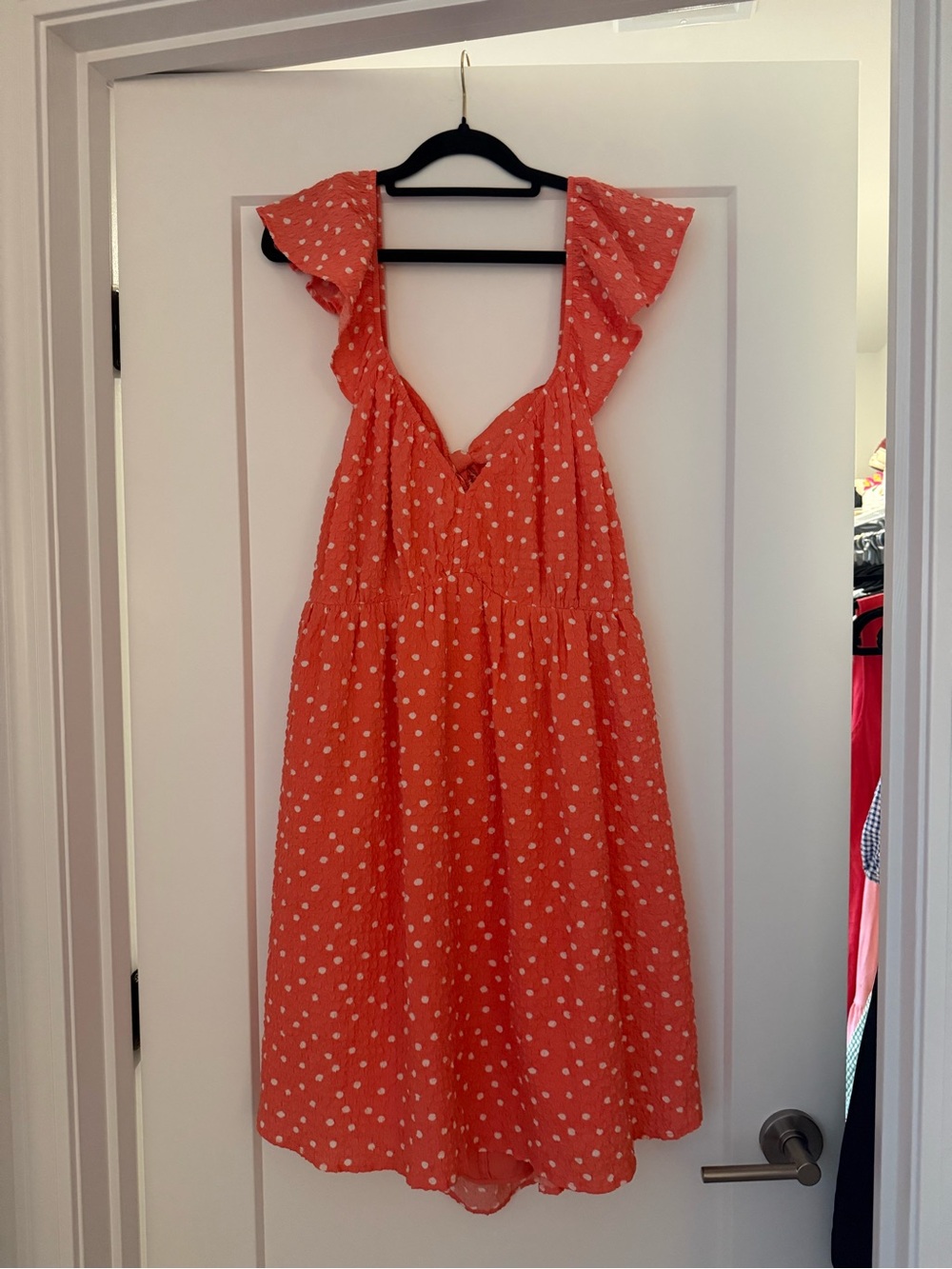 Womens Coral Polka Dot Ruffle Shoulder Dress